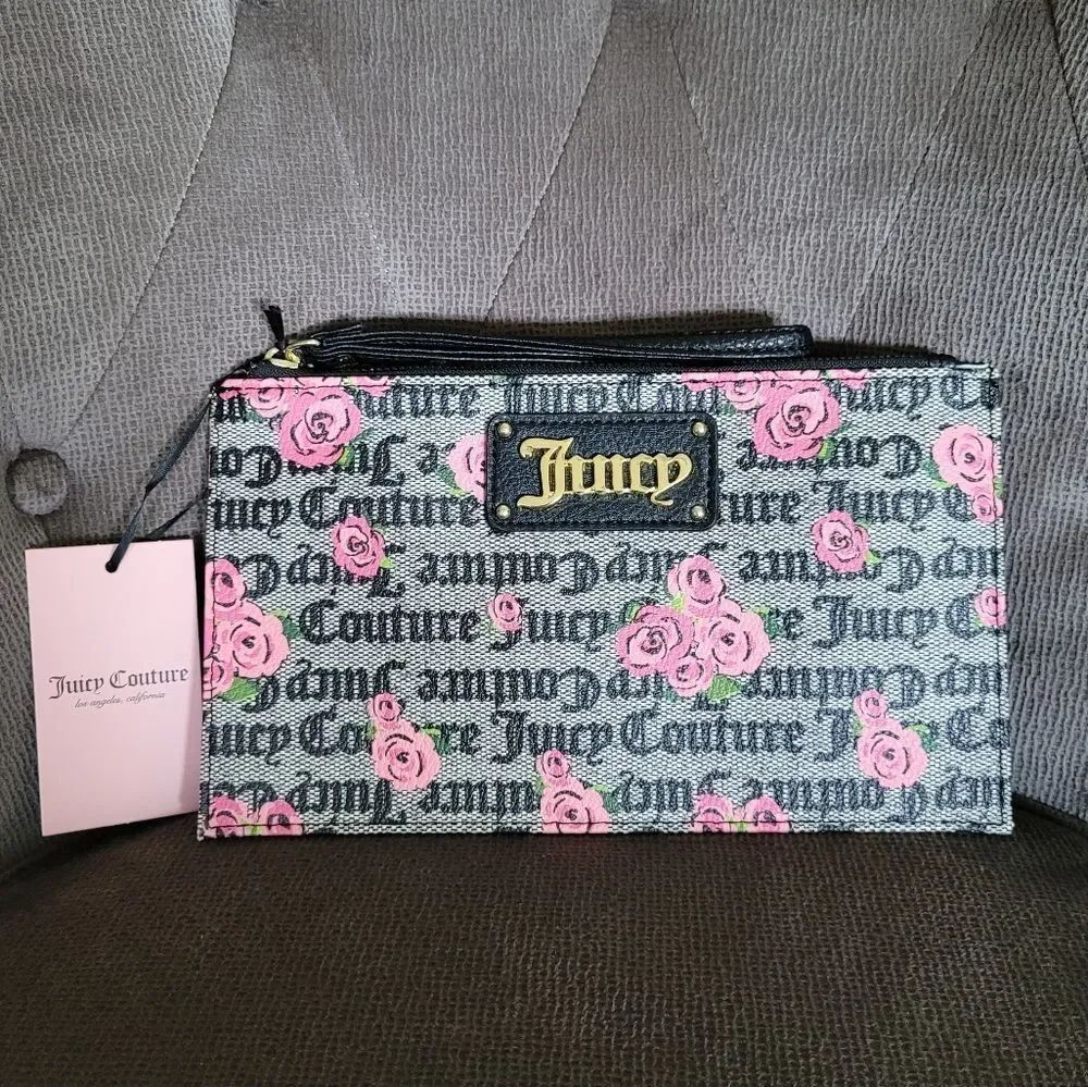 ✨️HP✨️ Juicy🍊 Couture Pink Bloom🌸/Black🖤 "Furget Me Not" Wristlet - NWT